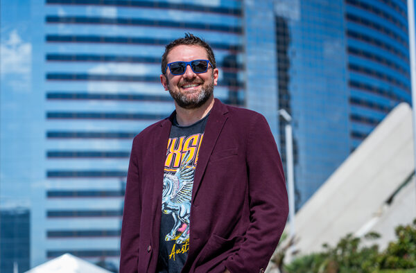 Shawn VanDiver environmental portrait, downtown San Diego skyline