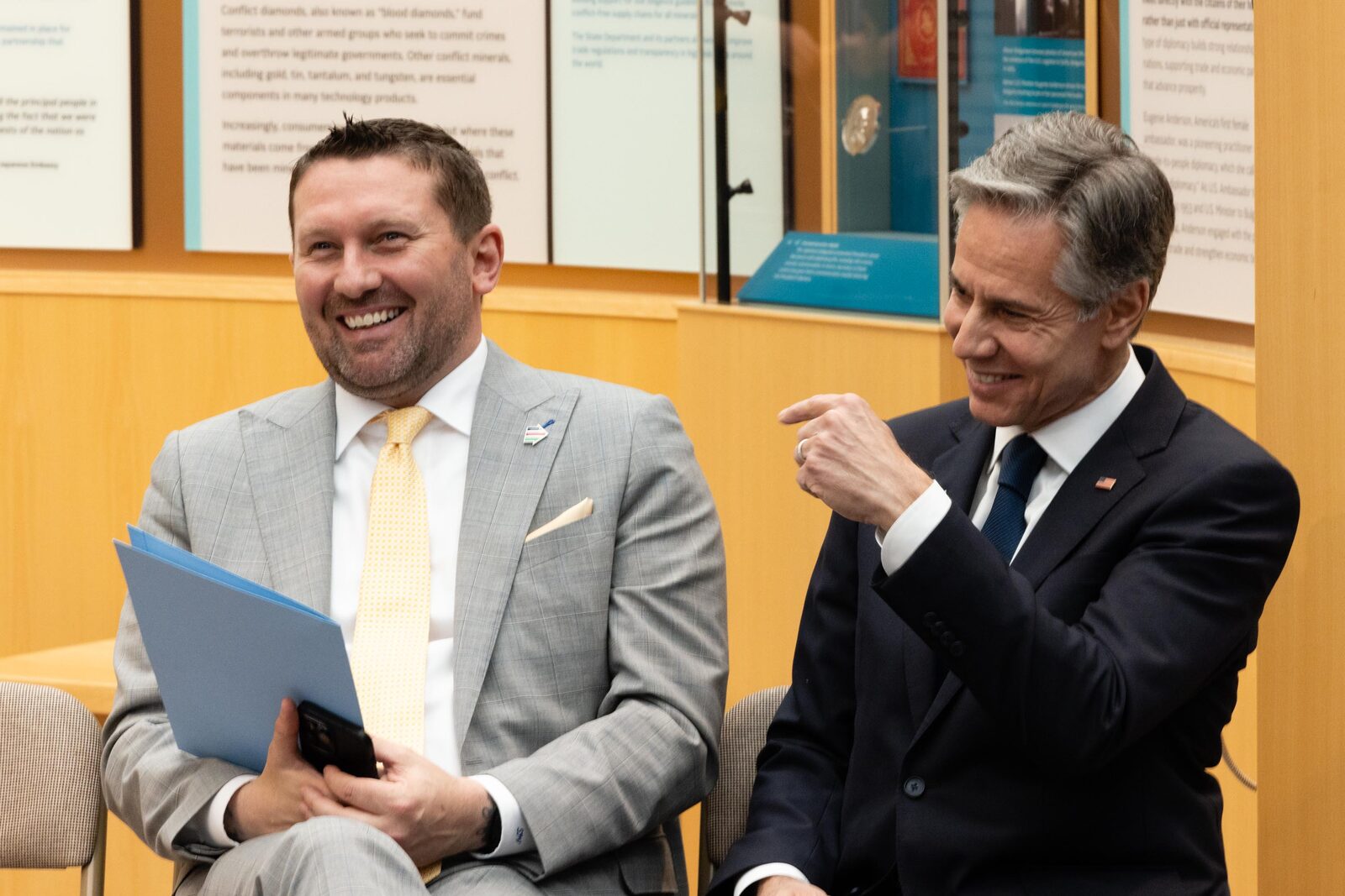 Secretary of State Antony Blinken and Shawn VanDiver at a Memorandum of Understanding signing at the State Department