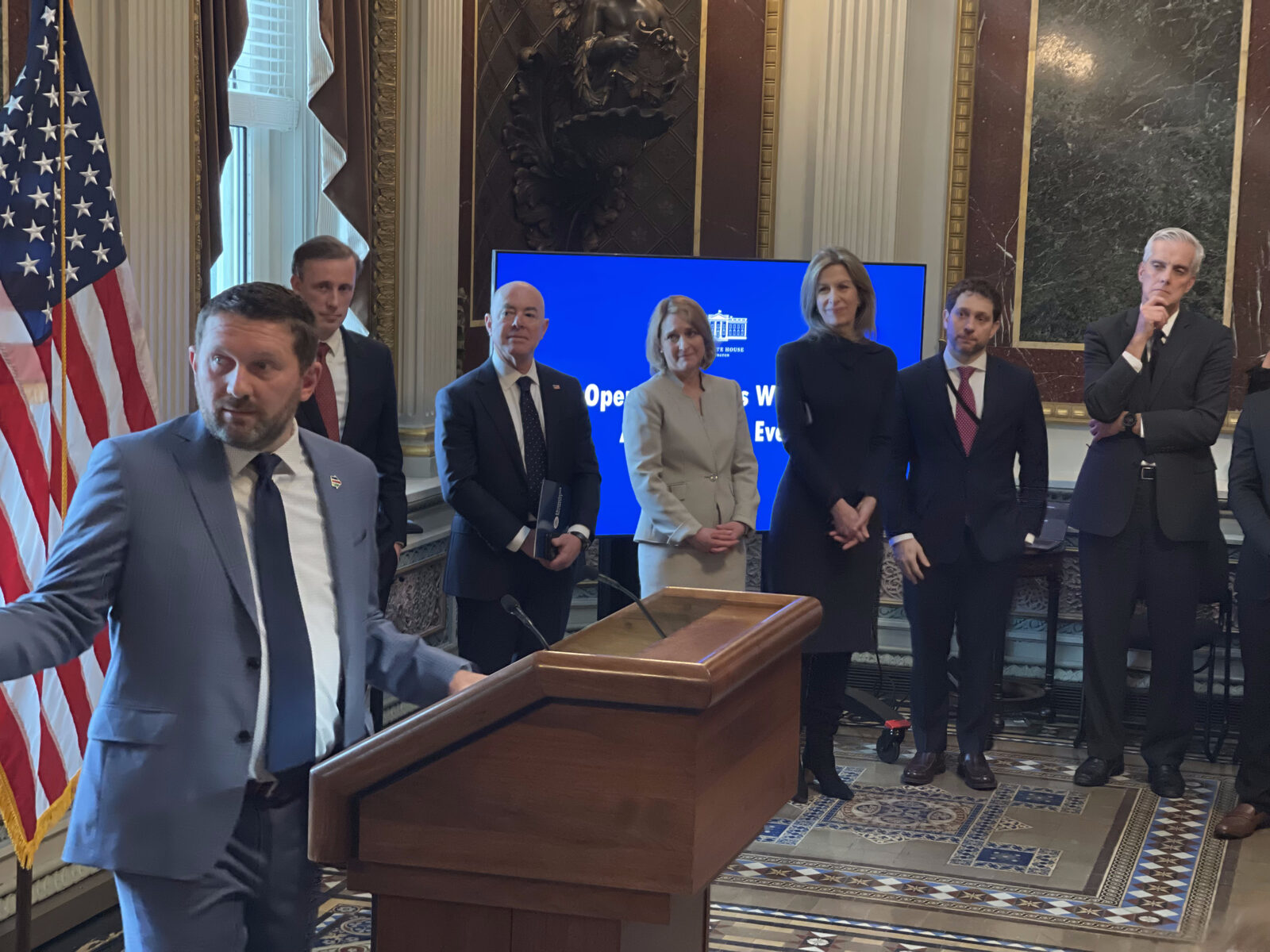 Shawn VanDiver speaking in the Indian Treaty Room at the White House during an Operation Allies Welcome recognition event